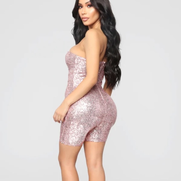 Fashion Nova NWT Birthday Bash Pink Sequin Strapless Romper - Size Medium - Picture 2 of 14